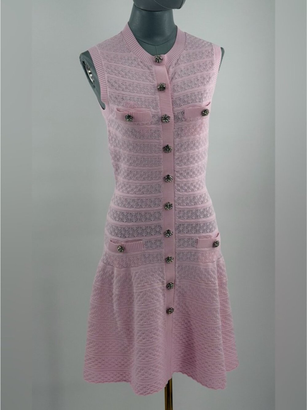 🆕 SELF-PORTRAIT 🧿 NWOT Pink Pointelle Diamante Button Knit Mini Dress, Sz M - Picture 12 of 16